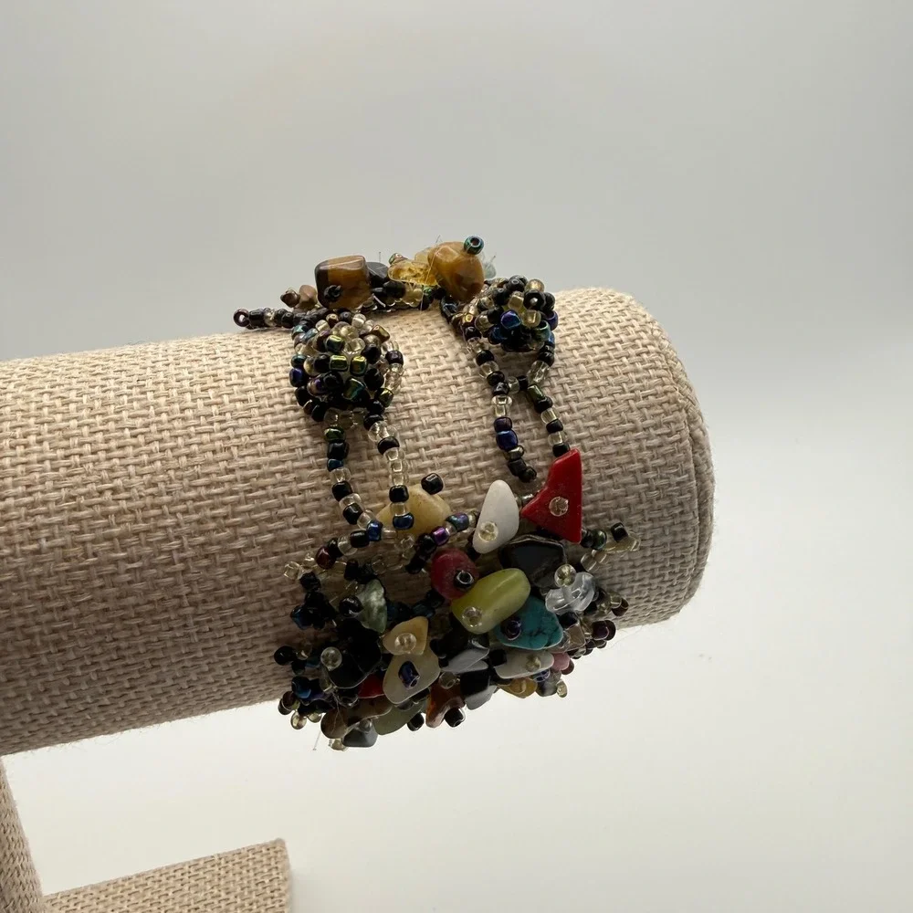 Multicolor Beaded Stone Cuff Bracelet Chunky Earthy Boho Festival Fairy Y2K‎